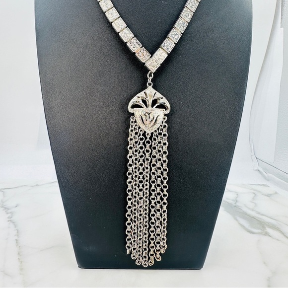 Vintage Necklace with Chain Tassel Y Texture Link Estate Jewelry Statement 1960s - Picture 7 of 14